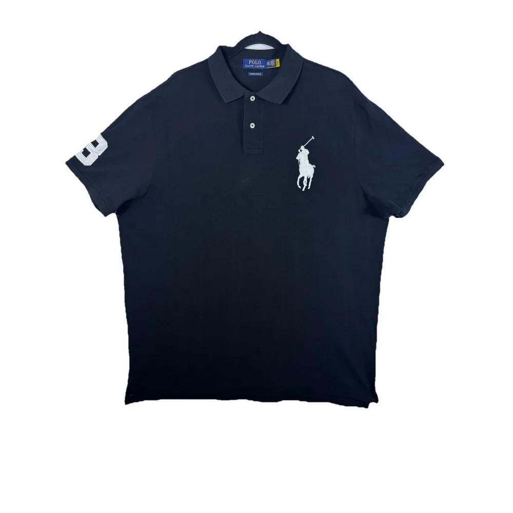 POLO RALPH LAUREN MEN'S BIG PONY POLO SHIRT XXL BLACK, WHITE NUMBER 3 MESH PIQUE
